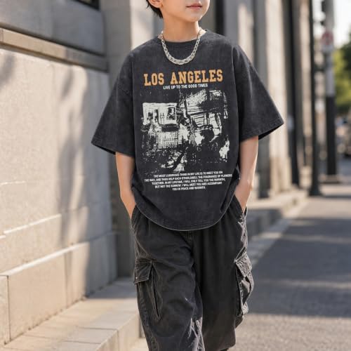 Image of Oversized Boys Graphic Tees Acid Wash Los Angeles Tshirt Youth Cotton T Shirt Crewneck Tee Kids Short Sleeve Tops