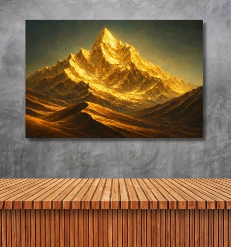 Image of Kunj Cart Gold Mountain Painting Vastu for Home & Office Wall Decor | Mountain Painting Vastu with Frame | Shining Sunset Abstract Art | Gold Mountains Canvas Painting (26x18 Inch, Framed)