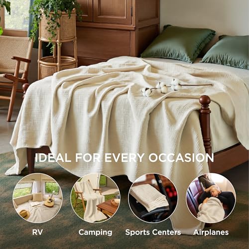Bedsure 100% Cotton Muslin Blanket King Size for Bed - 4-Layer Breathable and Lightweight Thin Soft Summer Gauze Muslin Blanket for Adults, Linen Beige, 108x90 Inches