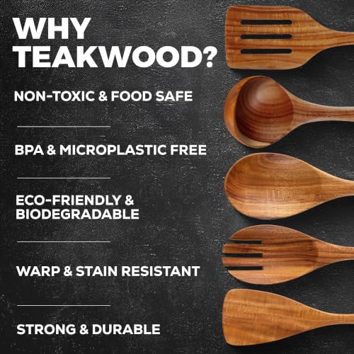 Image of Zulay Kitchen Extra-Large 5-Piece Wooden Spoon Set - Smooth Teak Cooking Utensils - Comfort-Grip Non-Stick Turner, Spatula, Skimmer, Fork, Serving Spoon