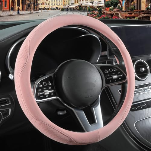 Binsheo Pink Suede Steering Wheel Cover, Breathable Non-Slip Sweat-Proof Wear-Resistant No Pilling, Warm in Winter and Cool in Summer, Universal 15 inch