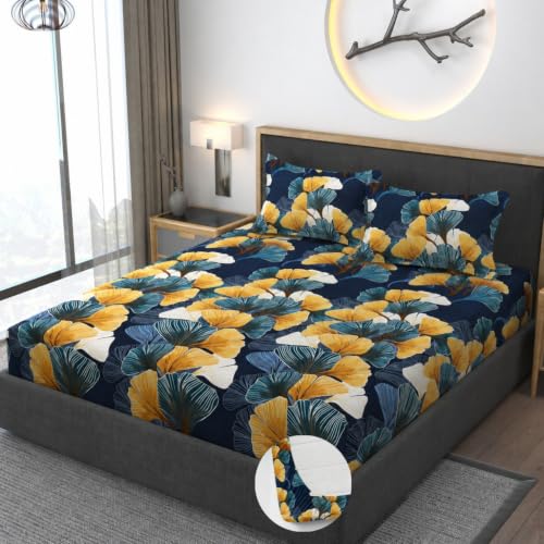 Image of Vaini Premium Heavy Cotton Elastic Fitted Bedsheets with 2 King Size Pillow Covers || Double Bed with All Around Elastic 350 (Green Mushroom, 72x78 Inch King Fitted)