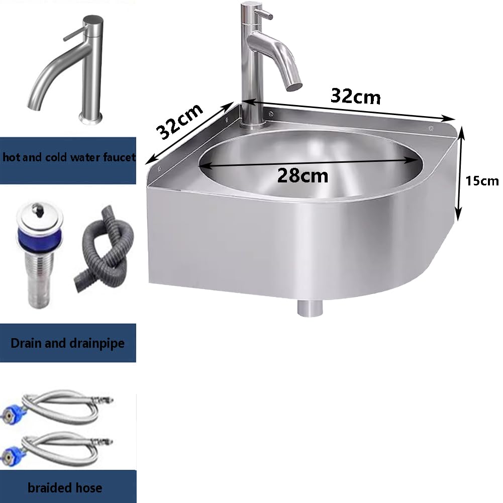Lavello angolare triangolare in acciaio inox con rubinetto per montaggio a parete per cucina, bagno, lavanderia e uso in giardino