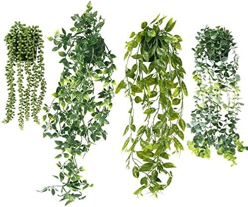Artificial Hanging Plants, 4 Pack Fake Hanging Plant Fake Potted Greenery Plants Faux Eucalyptus Vine, Mandala Vine, String of Pearls,Pea pod Leaves in Pot for Home Room Indoor Outdoor Shelf Decor