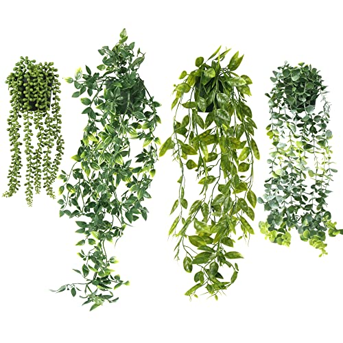 Artificial Hanging Plants, 4 Pack Fake Hanging Plant Fake Potted Greenery Plants Faux Eucalyptus Vine, Mandala Vine, String Of Pearls,Pea Pod Leaves In Pot For Home Room Indoor Outdoor Shelf Decor #TOP3