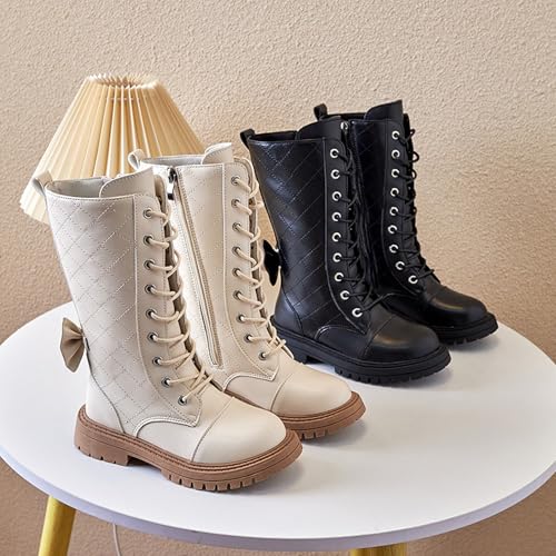 Girls' Leather Lace-Up Knee High Boots With Side Zippers, Comfortable Round Toe, Non-Slip Low Heel Riding Boots, Fashionable Bow Pearl Combat Boots3