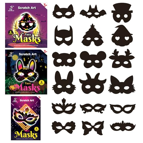 PAITUEND Scratch Rainbow Painting Art Face Masks Cosplay Mask Theme Birthday Party Supplies Decorations Halloween Dress Up Costumes Set DIY Crafts Kit Party Supplies for Boys Girls (18Pcs)