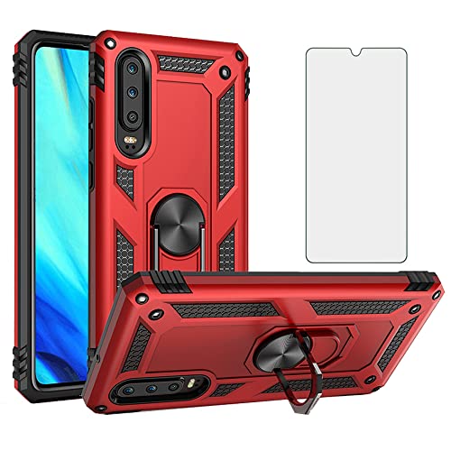 Phone Case for Huawei P30 with Tempered Glass Screen Protector Cover Stand Ring Rugged Silicone Holder Hard Shockproof Heavy Duty Accessories Magnetic Metal Huawei Hawaii Hwauei Haweii P 30 Men Red
