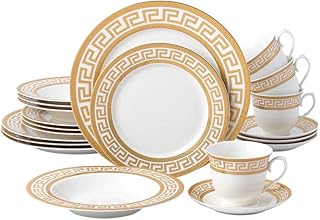 GP1347-20G, 20 PCs Fine Porcelain Dinnerware Set, Tableware Set with Antique Greek Pattern, Set of 20 White
