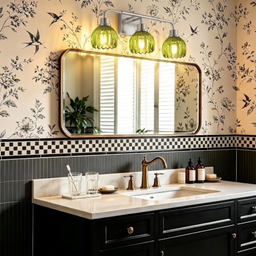 Image of Ralbay Vintage Vanity Lights Bathroom Light Fixture Over Mirror for Bath Brushed Nickel Modern Wall Sconces with Green Crystal Glass Shade for Bedroom,Living Room,Hallway(3-Light)