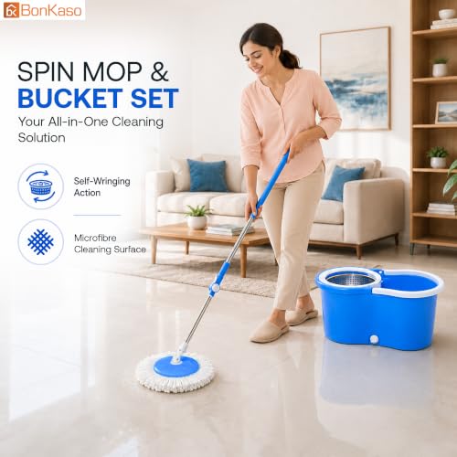 Image of Bonkaso 360 Spin Mop & Bucket Set with Stainless Steel Wringer, 45 Inch Mop Rod, Easy Drain Plug, 2 Microfiber Refills, Wet & Dry Floor Cleaning Mop for Home Kitchen Bathroom Office, Blue