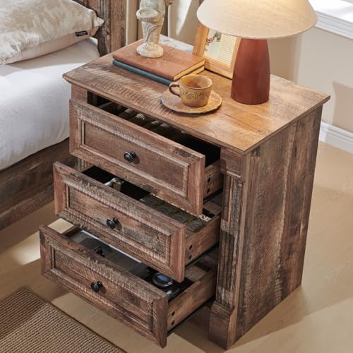 Image of 26 inch Tall Nightstand with Charging Station, Farmhouse 23.6 inch Wide Large End Table w /Roman Column, Wood Rustic Side Table w /Metal Handle, 3 Drawers Dresser for Bedroom, Living Room, Light Brown