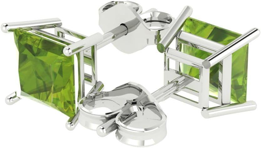14K White Gold Plated 925 Sterling Silver Push Back Dainty Stud Earrings for Women - 4 cttw Princess Cut Natural Peridot - Image 2