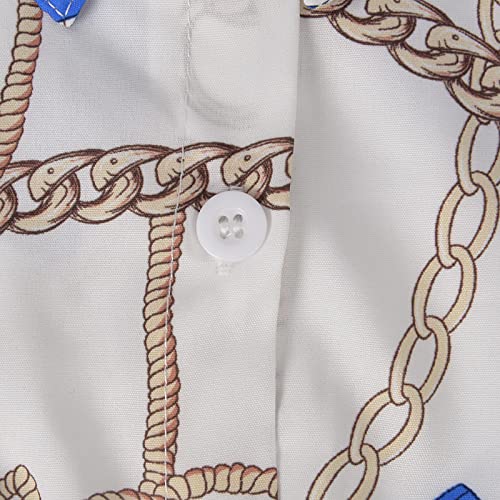 Qzunique Casual Dress Chain Print Short Sleeve Shirt Dress Button Front Maxi For Women Blue #TOP4