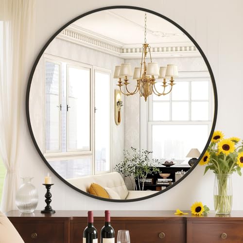 Image of Sweetcrispy 36in Black Round Bathroom Mirrors for Wall, Bathroom Mirrors for Over Sink, Wall Decor for Bathroom, Entryway, Bedroom, Vanity
