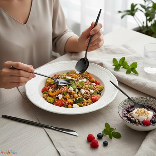 Image of Slim Handle Black 8 Pcs Stainless Steel Cutlery Set for Dining Table, Dishwasher Safe Glossy Flatware (2 Spoon Set + 2 Forks Set + 2 Butter Knife + 2 Dessert Spoon)