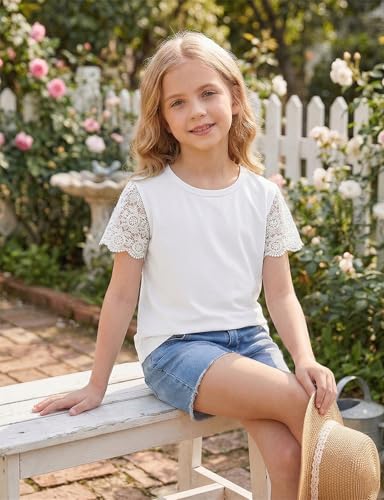 Image of Noomelfish Girls Lace Short Sleeve T-Shirts Kids Summer Cute Tops Blouse(5-12 Years)