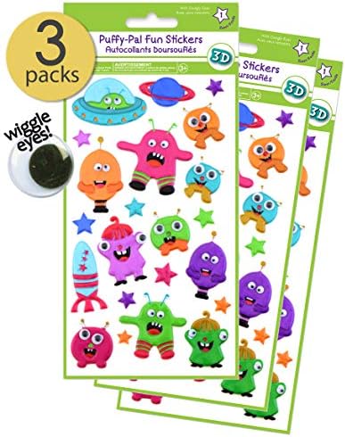 Puffy Martians Outer Space Stickers for Toddlers with Wiggle Eyes - 3D Stickers for Kids - Pop-up Stickers for Boys & Girls - Dimensional Stickers - Fun Craft Stickers for Kids (3 Pks)
