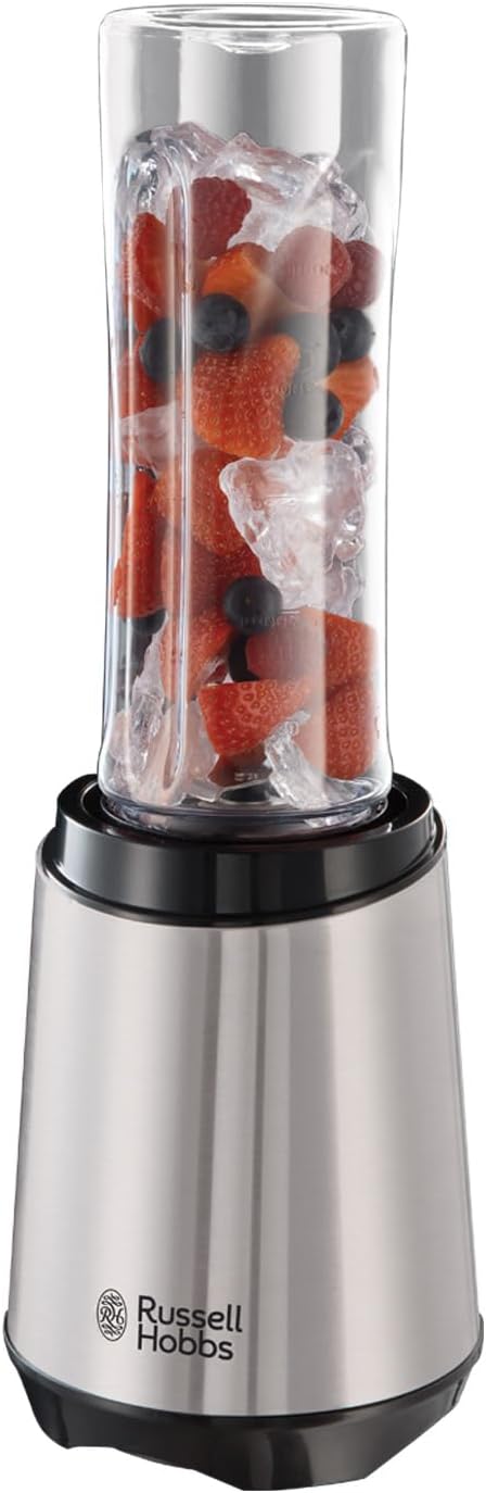 Russell Hobbs Batidora de Vaso Individual Mix & Go, Batidora Smoothie, Mini Batidora para Zumos, Batidos, Gazpachos, Vaso de 600 ml, Tapa, sin BPA, Pies Antideslizantes, Acero Inoxidable, 23472-56
