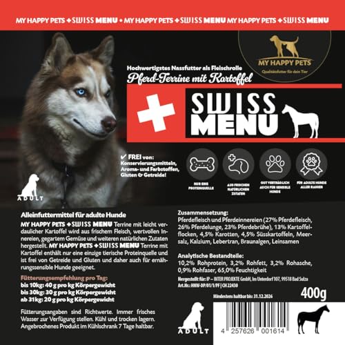 MY HAPPY PETS Hundefutter Swiss Menü Fleischrolle Pferd mit Kartoffel & Möhren 40 x 400 g