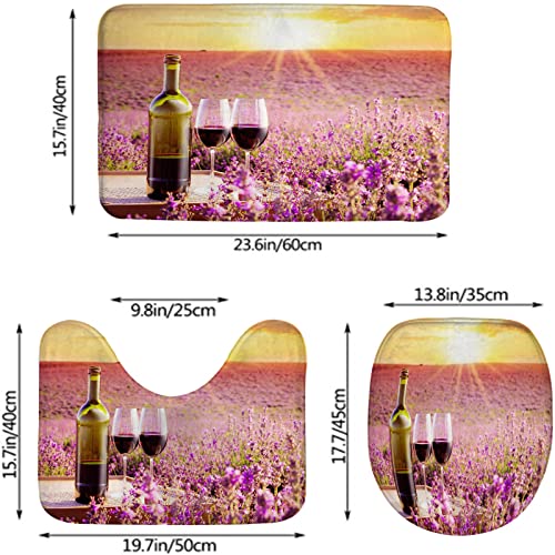 Badezimmerteppich-Set, 3-teilig, mit Weinblüten-Lavendel-Picknick-Print, waschbare Badteppiche, rutschfest, mit Rückenpolster, Konturteppich und Toilettendeckelbezug – Bild 3