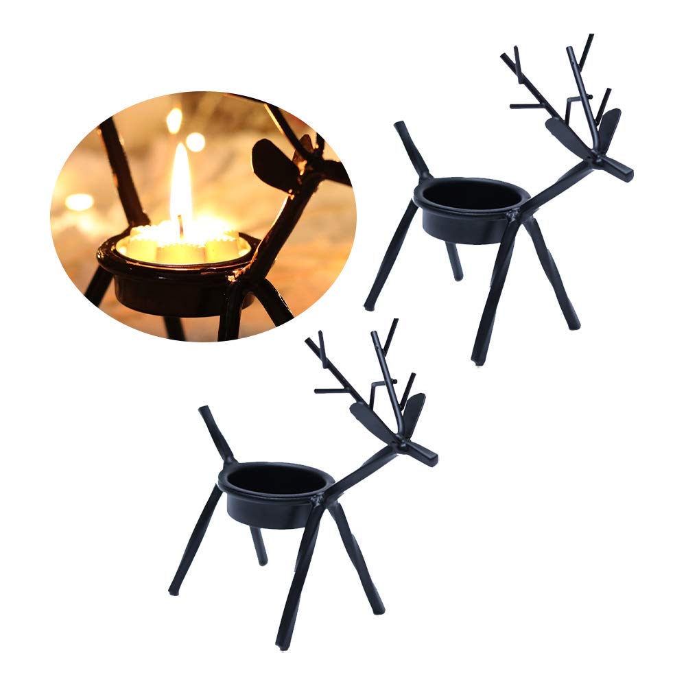 AZXAZ 2 Reindeer Tea Light Holders Cute Christmas Decoration Candle Rustic Iron Tealight Candle Holder For Holiday Festival Xmas Ornament Black