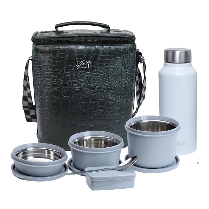 KOI Luxe Lunch Box Set with Insulated Bag and Cutlery – 3 Microwave Safe Steel Containers BPA Free (290ml, 450ml, 600ml), Plastic Pickle Box (180ml), and 750ml Steel Water Bottle(Black Croko)