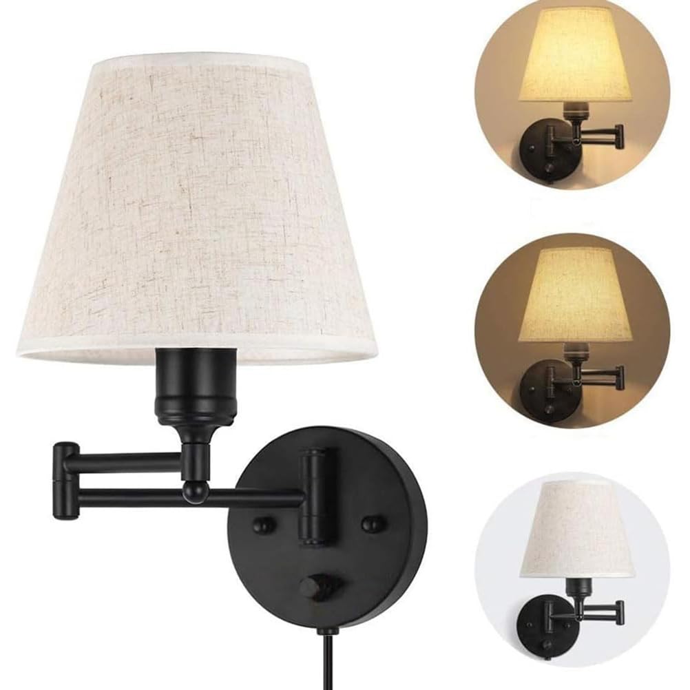 AoLa Wandleuchte Schwarz Metall Vintage Einstellbar Schwenkarm Wandlampe mit Schalter, 1,6 m Kabel mit Stecker, Stoff Schirm, E27 Bettlampe Wand-Leselampe für Wohnzimmer Schlafzimmer Flur,1 Pack