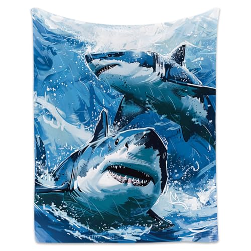 Shark Blanket - 60x80 Inches Cute Throw Blanket for Boys - Blue Soft Fuzzy Blankets for Bed, Couch & Living Room