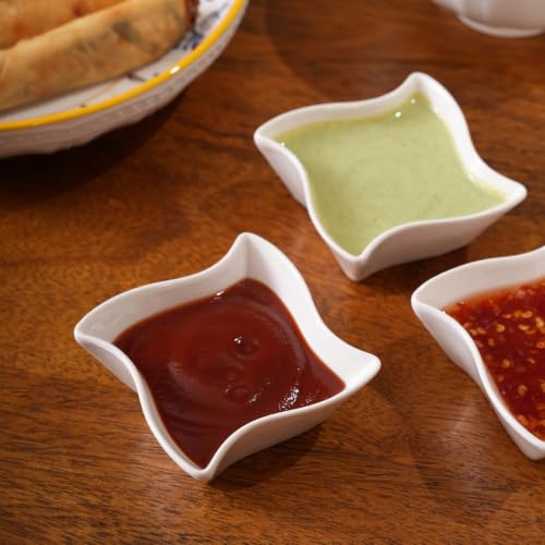 Image of HOME 360 Premium White Ceramic Dip Bowl Set of 3 | Wavy Square Mini Dishes & Condiment Serving Bowls | Elegant Pinch Bowls for Ketchup, Salsa, Chutney & DIps (3, Wavy DIp Bowls)