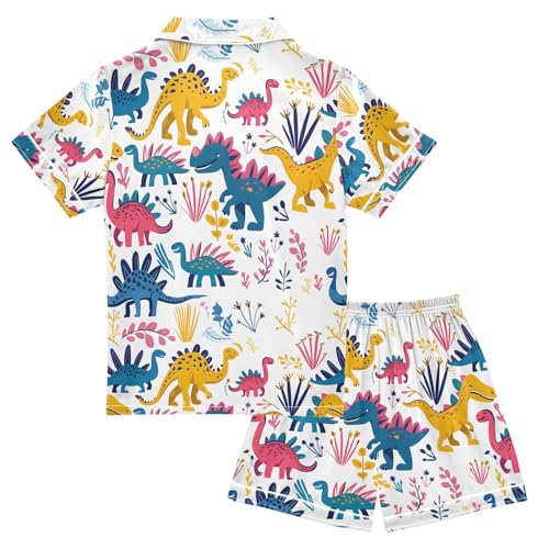 ALAZA Cute Funny Dinosaur Leaves Pajamas Satin Pajama Set Short Sleeve Button Down Sleepwear2