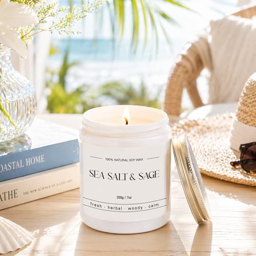 Sea Salt & Sage Candle - Summer Scented Soy Candles for Home - Coastal Decor for Beach Lovers, 7oz Soy Wax, 40 Hour Burn Time, Beach, Living Room, Bathroom - Image 5