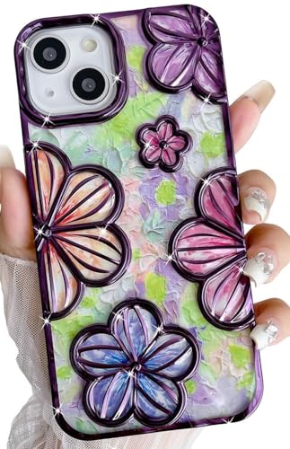 Image of mobistyle Designed for iPhone 14 Plus Cover| Electroplating TPU Bling Colourful 3D Floral Camera Protection Back Cover Case for Girls & Women (Purple Electroplating Flowers)