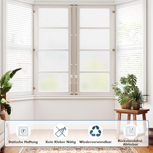shinfly Fensterfolie Blickdicht Selbsthaftend | Sichtschutzfolie Fenster Innen | Milchglasfolie Statisch Haftend 44,5x200cm | Fensterfolie Sichtschutz Anti-UV Für Bad Büro Wohnzimmer Schlafzimmer