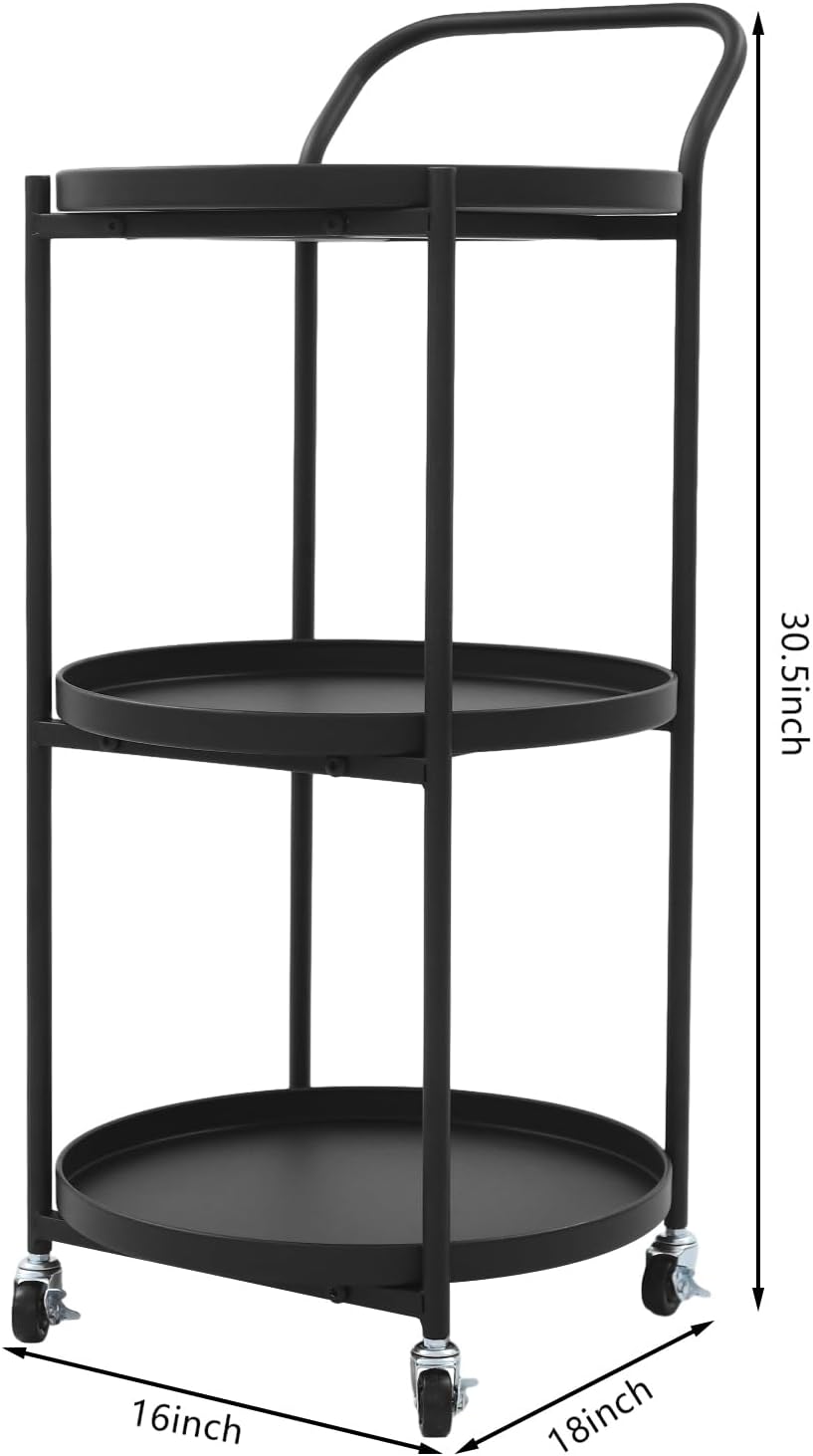 Round 3-Tier Rolling Bar Cart with Locking Wheels, Metal Serving Cart with Handle, 18" x 16" Mobile Organizer for Dining Room, Living Room, Bar (Black)