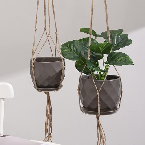 Fengson Grey Ceramic Hanging Planters For Indoor Outdoor Plants,6.7+5.5 Inch Hanging Plant Pots With Saucers,Modern Plant Holder With Jute Rope For Succulents Cactus Herbs Plants, Home Decor,Set Of 2 #TOP4