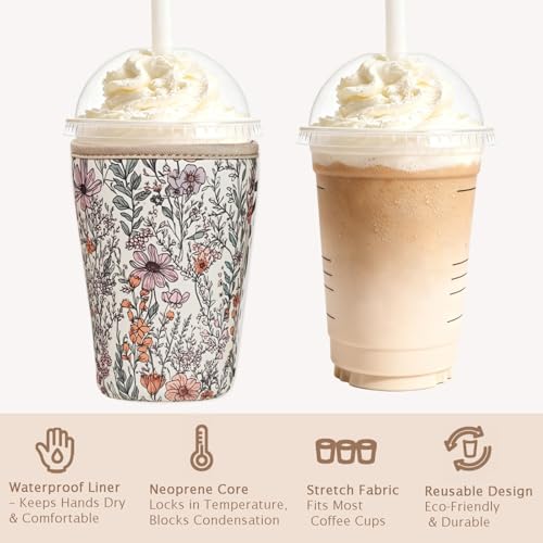 Image of Reusable Insulated Neoprene Iced Coffee Cup Sleeve, Durable Drink Sleeve for Cold Beverages, Beverage Holder for Iced Coffee (Bloom Magic)