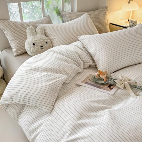 Bettwäsche 135x200 Weiß Braun Gestreift Bettbezug + 1 Kissenbezug 80x80cm – Ansicht 4