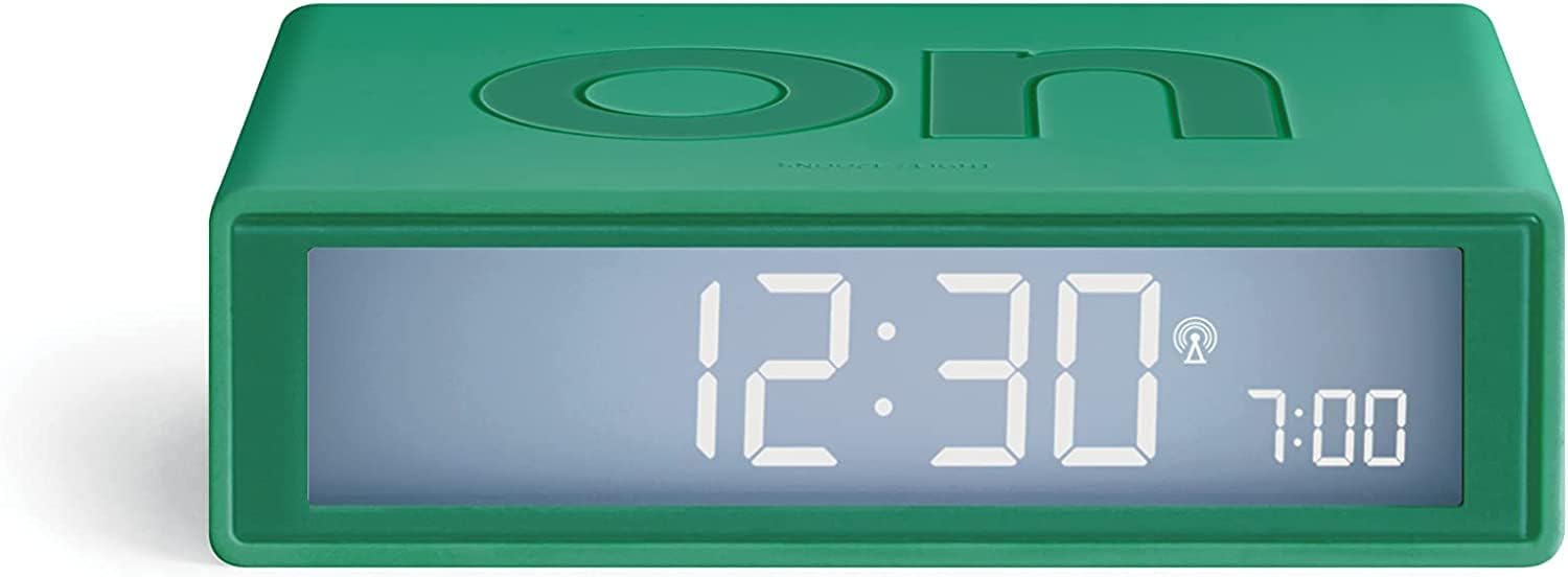 Lexon Flip+ Digital Alarm Clock for Bedrooms, Reversible On/Off Faces with Snooze function, LCD display & Touch Sensor Light, Radio Controlled & Battery Operated, Rubber - Green