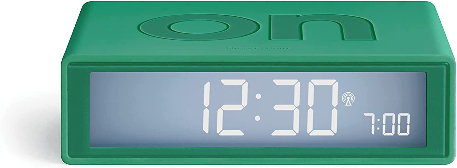 LEXON Flip+ Digital Alarm Clock for Bedrooms, Reversible On/Off Faces with Snooze function, LCD display & Touch Sensor Light, Radio Controlled & Battery Operated, Rubber - Green
