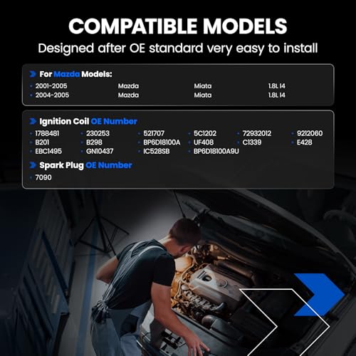 Image of 2-Pack UF408 Ignition Coils & 4-Pack 7090 Spark Plugs Kit Compatible with Mazda Miata 2001 2002 2003 2004 2005, L4 1.8L - Replaces 1788481 230253 521707 5C1202 72932012 C1339 & more