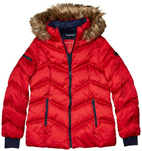 Nautica Women's Short Puffer Coat with Faux Fur Trim Hood, Red, Large