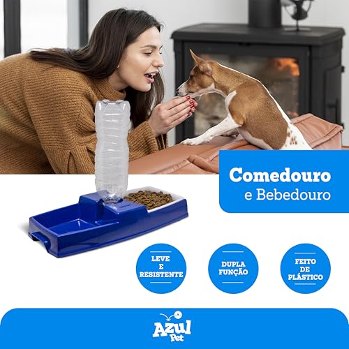 Comedouro e Bebedouro para Cães, Suporte para Garrafa Pet com Prato de Ração, Azul