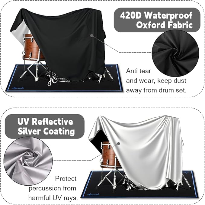 Image of MUTMAIN Drum Set Dust Cover Waterproof Dustproof Protective Cover Suitable for Most Drum Frames with Weighted Angles and Sewing Rings High Density Oxford Cloth 108 inchL x 80 inchW Black