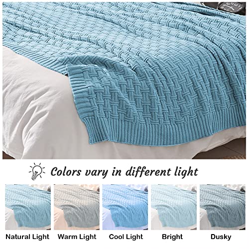Image of TREELY 100% Cotton Knitted Throw Blanket 31 x 40 Inches, Teal Blue