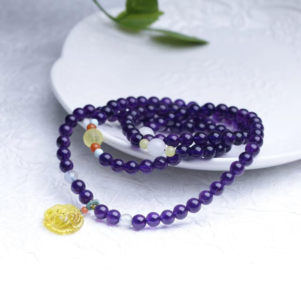 Bransoletka z połączenia ametystu i bursztynu, fioletowa i złota biżuteria z kamienia naturalnego dla równowagi duchowej i ciepłej energii, rozciągliwy elastyczny prezent z kamieni