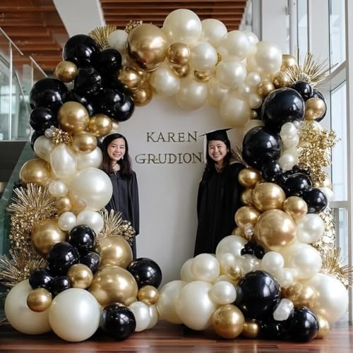 Image of Black White Gold Balloon Garland Double Stuffed, Pearl Sand Champagne Gold Balloons Cream Beige Balloon Arch Kit for Birthday Graduation Wedding Bachelorette Engagement Party Decorations