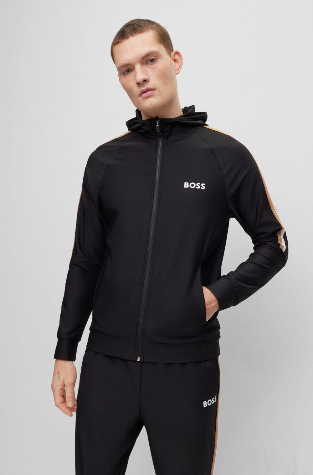 BOSS Herren Sicon MB 1 x Matteo Berrettini Kapuzen-Sweatjacke aus Active-Stretch-Jersey mit Reißverschluss und Logo Schwarz XXL
