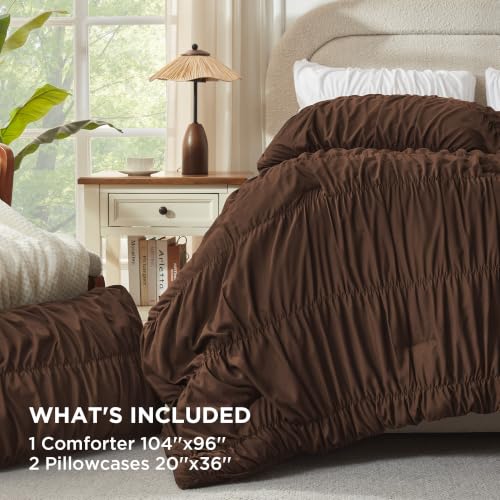 Image of Andency Ruched Brown California King Comforter Set, Boho Ruffle 3 Pieces