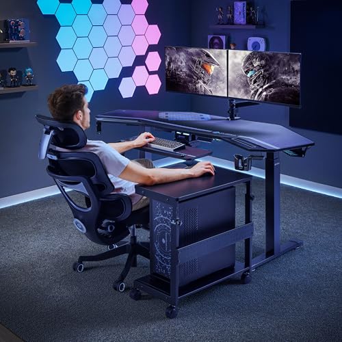 Image of EUREKA ERGONOMIC PC Stand Computer Cart, Height Adjustable Tower Stand 2-Tier Suit for ATX Case Printer, Metal Rolling Cart on Wheels for Gaming Home Office, Carbon Fiber